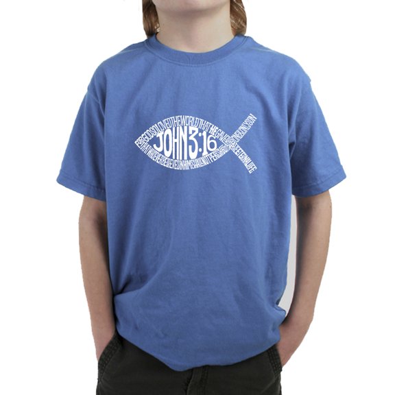 LA Pop Art Boy's Word Art T-shirt - John 3:16 Fish Symbol