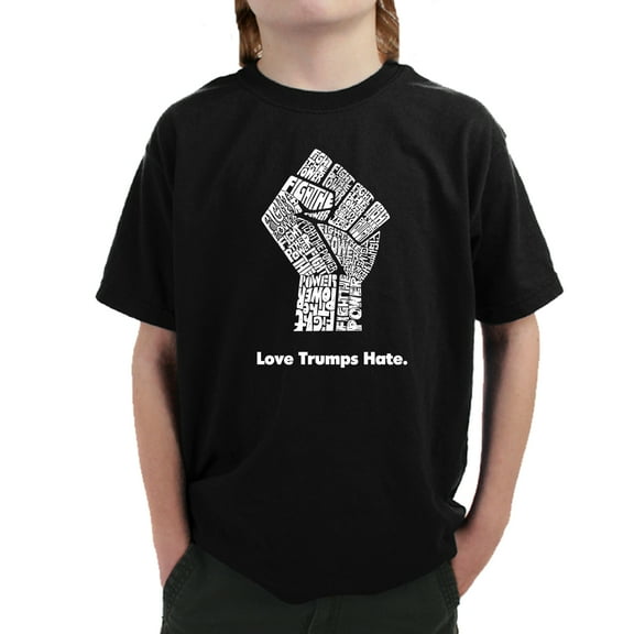 LA Pop Art Boy's Word Art T-shirt - Love Trumps Hate Fist