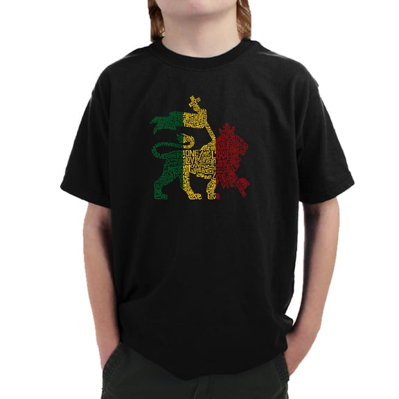 LA Pop Art Boy's Word Art T-shirt - Rasta Lion - One Love