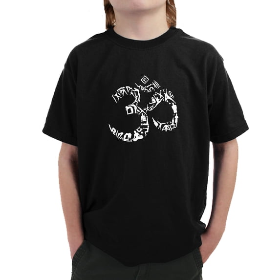 LA Pop Art Boy's Word Art T-shirt - THE OM SYMBOL OUT OF YOGA POSES