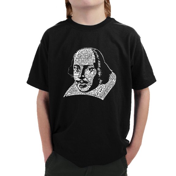 LA Pop Art Boy's Word Art T-shirt - THE TITLES OF ALL OF WILLIAM SHAKESPEARE'S COMEDIES & TRAGEDIES