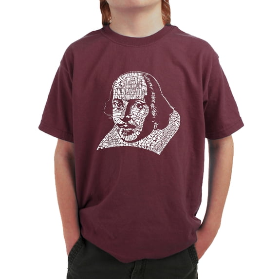 LA Pop Art Boy's Word Art T-shirt - THE TITLES OF ALL OF WILLIAM SHAKESPEARE'S COMEDIES & TRAGEDIES