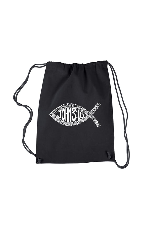 Drawstring Word Art Backpack - John 3:16 Fish Symbol