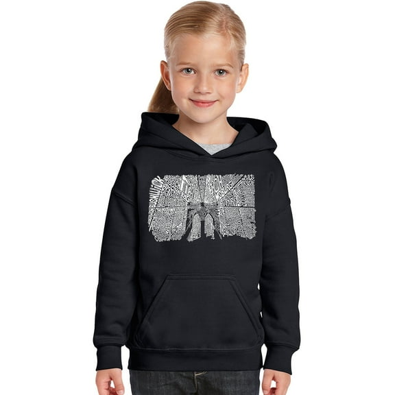 LA Pop Art Girl's Word Art Hooded Sweatshirt - Brooklyn Bridge