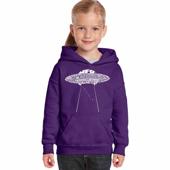 LA Pop Art Girl's Word Art Hooded Sweatshirt - Flying Saucer UFO