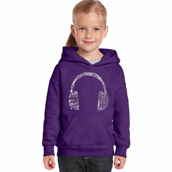 LA Pop Art Girl's Word Art Hooded Sweatshirt - HEADPHONES - LANGUAGES