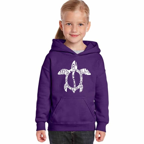 LA Pop Art Girl's Word Art Hooded Sweatshirt - Honu Turtle - Hawaiian Islands
