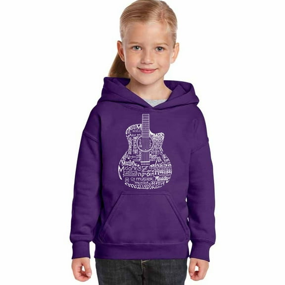 LA Pop Art Girl's Word Art Hooded Sweatshirt - Languages Guitar