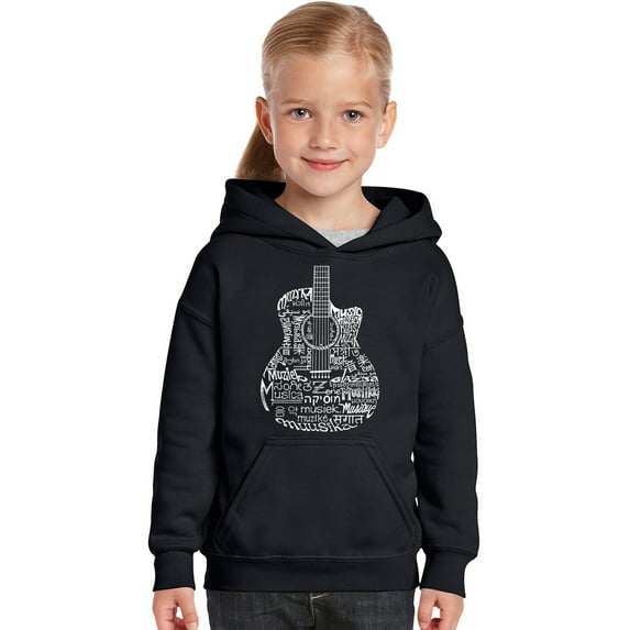 LA Pop Art Girl's Word Art Hooded Sweatshirt - Languages Guitar