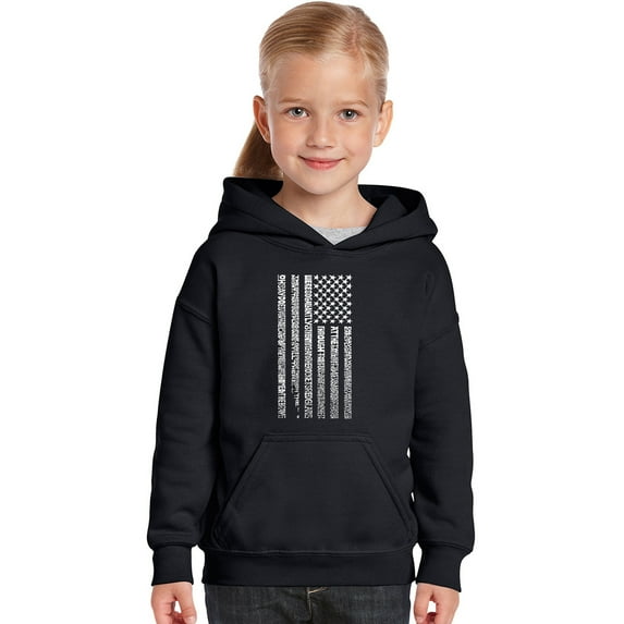 LA Pop Art Girl's Word Art Hooded Sweatshirt - National Anthem Flag