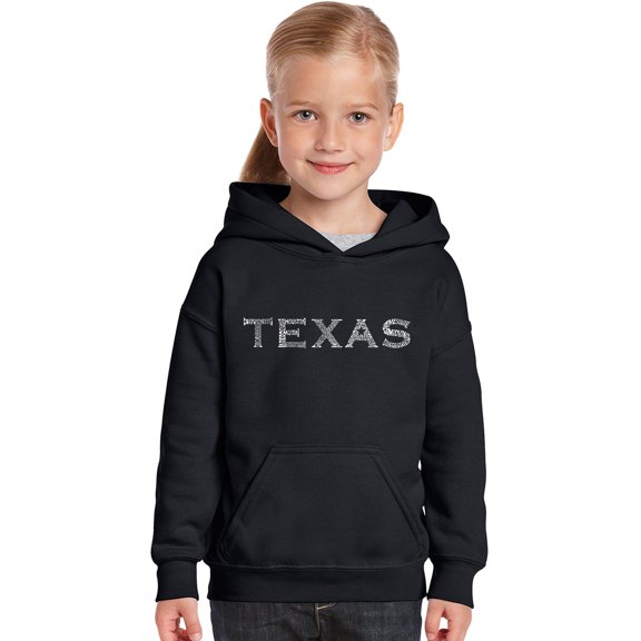 LA Pop Art Girl's Word Art Hooded Sweatshirt - THE GREAT CITIES OF TEXAS
