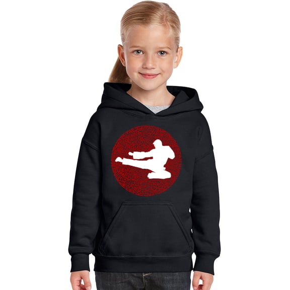 LA Pop Art Girl's Word Art Hooded Sweatshirt - Types of Martial Arts