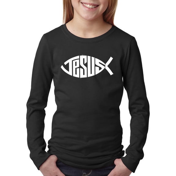 LA Pop Art Girl's Word Art Long Sleeve - Christian Jesus Name Fish Symbol