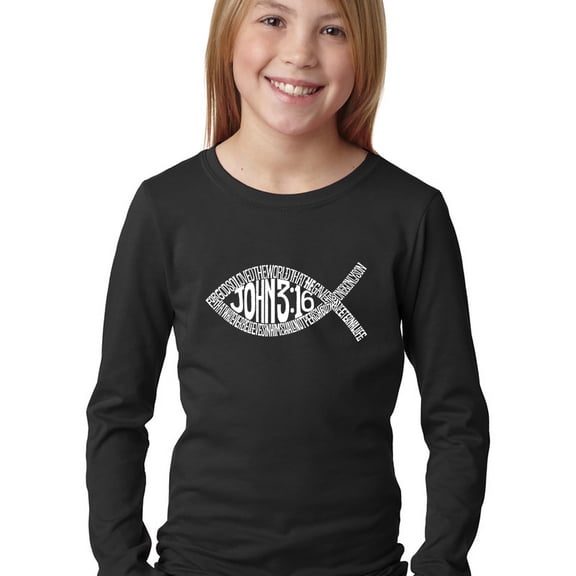 LA Pop Art Girl's Word Art Long Sleeve - John 3:16 Fish Symbol