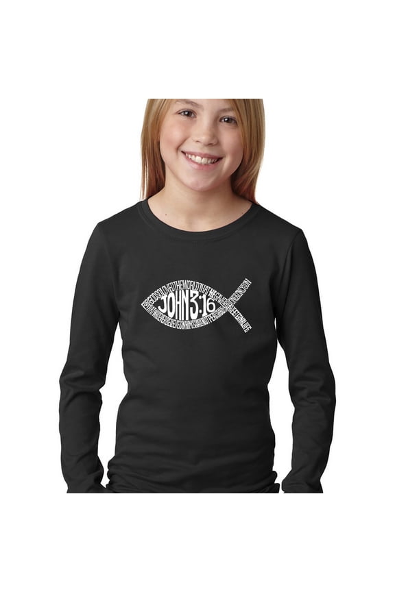 Girl's Word Art Long Sleeve - John 3:16 Fish Symbol