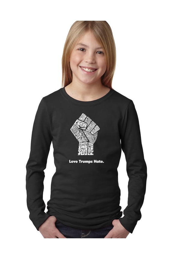 Girl's Word Art Long Sleeve - Love Trumps Hate Fist