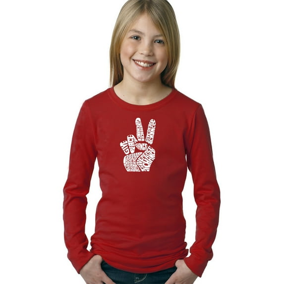 LA Pop Art Girl's Word Art Long Sleeve - PEACE FINGERS