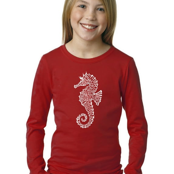 LA Pop Art Girl's Word Art Long Sleeve - Types of Seahorse