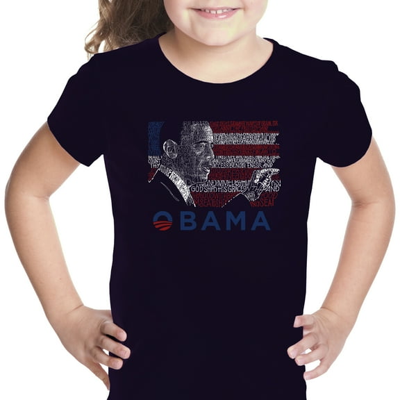 LA Pop Art Girl's Word Art T-shirt - BARACK OBAMA - ALL LYRICS TO AMERICA THE BEAUTIFUL