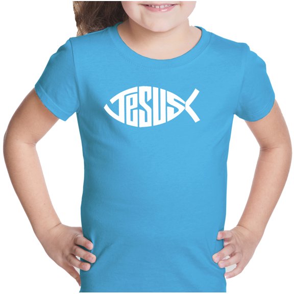 LA Pop Art Girl's Word Art T-shirt - Christian Jesus Name Fish Symbol