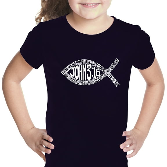 LA Pop Art Girl's Word Art T-shirt - John 3:16 Fish Symbol