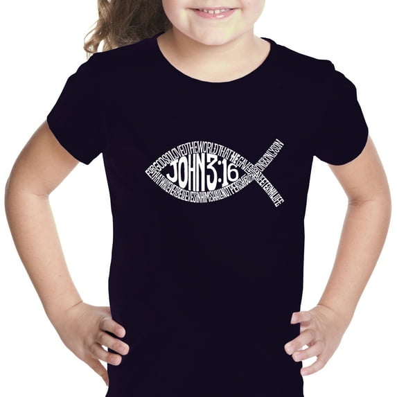 LA Pop Art Girl's Word Art T-shirt - John 3:16 Fish Symbol