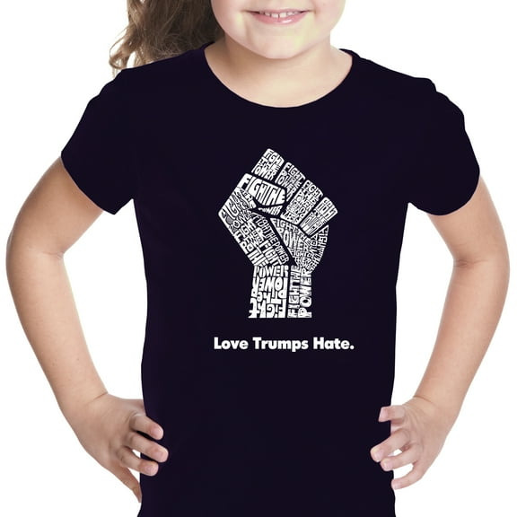 LA Pop Art Girl's Word Art T-shirt - Love Trumps Hate Fist