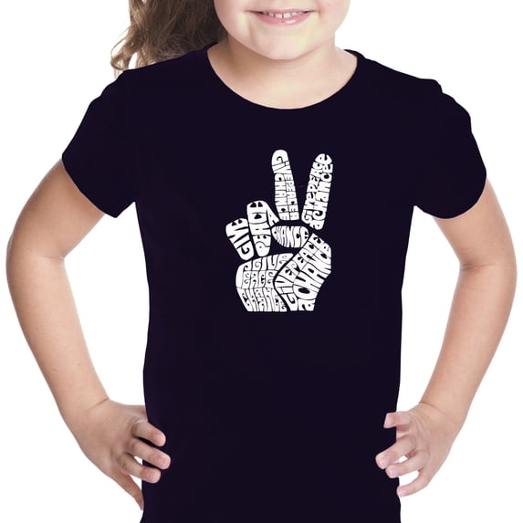 LA Pop Art Girl's Word Art T-shirt - PEACE FINGERS