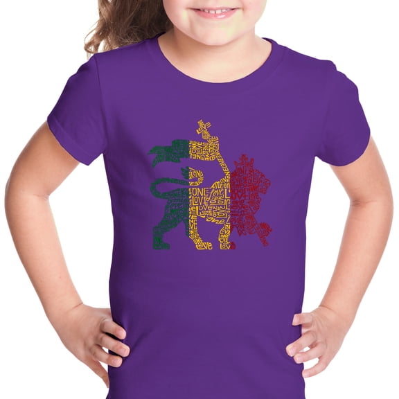 LA Pop Art Girl's Word Art T-shirt - Rasta Lion - One Love