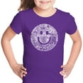 thumbnail image 1 of LA Pop Art Girl's Word Art T-shirt - SMILE IN DIFFERENT LANGUAGES, 1 of 2