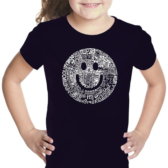 LA Pop Art Girl's Word Art T-shirt - SMILE IN DIFFERENT LANGUAGES
