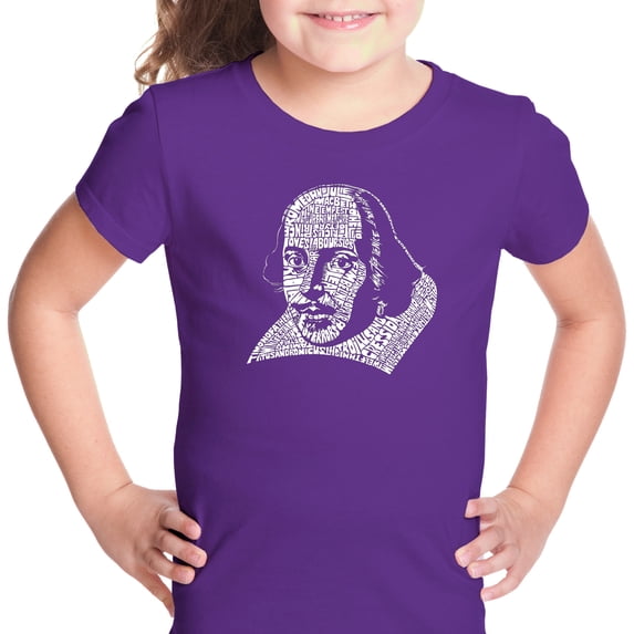 LA Pop Art Girl's Word Art T-shirt - THE TITLES OF ALL OF WILLIAM SHAKESPEARE'S COMEDIES & TRAGEDIES