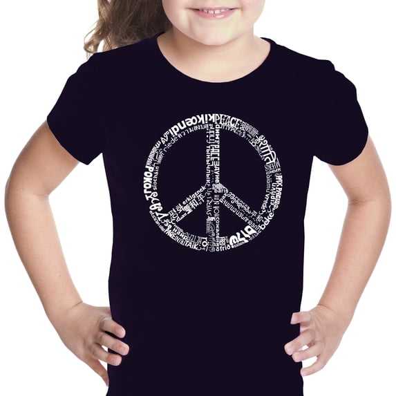 LA Pop Art Girl's Word Art T-shirt - THE WORD PEACE IN 77 LANGUAGES