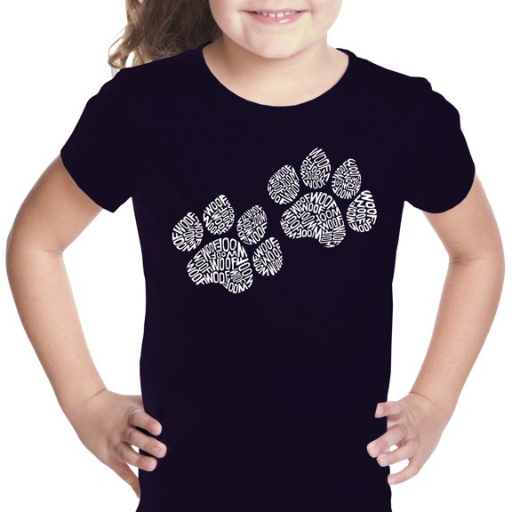 LA Pop Art Girl's Word Art T-shirt - Woof Paw Prints