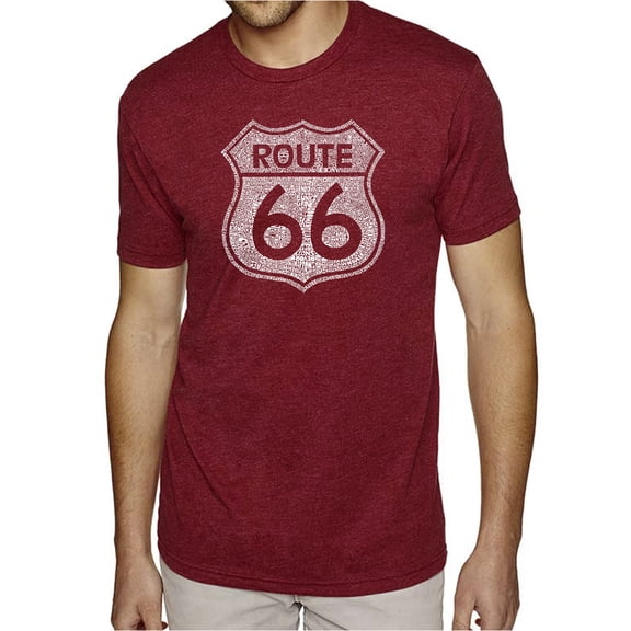 LA Pop Art Men's Premium Blend Word Art T-shirt - CITIES ALONG THE LEGENDARY ROUTE 66