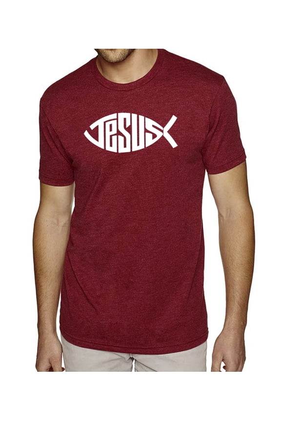 Men's Premium Blend Word Art T-shirt - Christian Jesus Name Fish Symbol