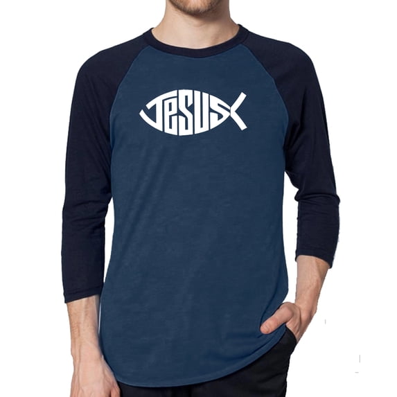 LA Pop Art Men's Raglan Baseball Word Art T-shirt - Christian Jesus Name Fish Symbol