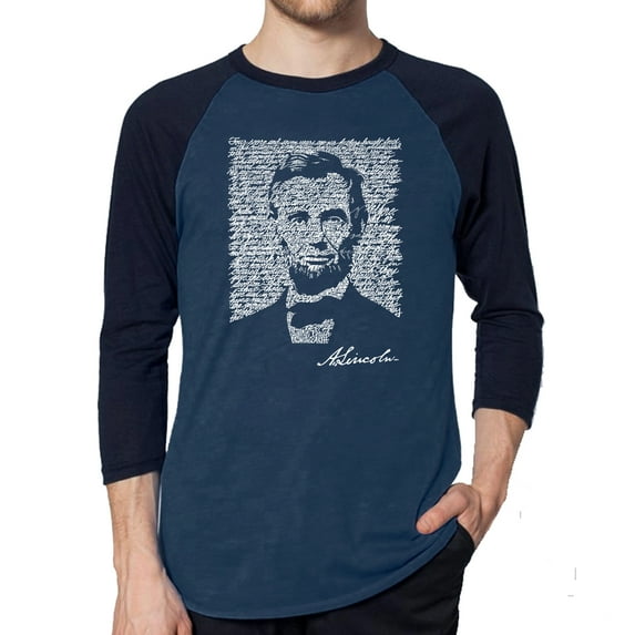 LA Pop Art Men's Raglan Word Art T-Shirt - ABRAHAM LINCOLN - GETTYSBURG ADDRESS