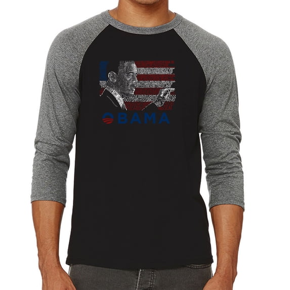LA Pop Art Men's Raglan Word Art T-Shirt - BARACK OBAMA - ALL LYRICS TO AMERICA THE BEAUTIFUL