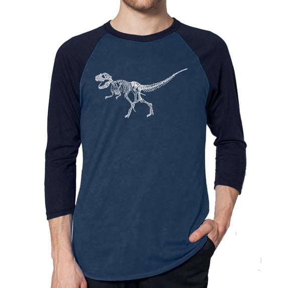 LA Pop Art Men's Raglan Word Art T-Shirt - Dinosaur T-Rex Skeleton