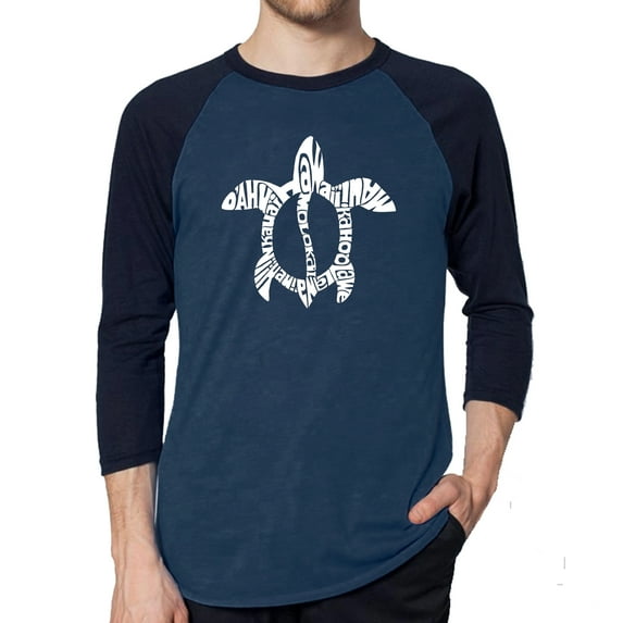 LA Pop Art Men's Raglan Word Art T-Shirt - Honu Turtle - Hawaiian Islands