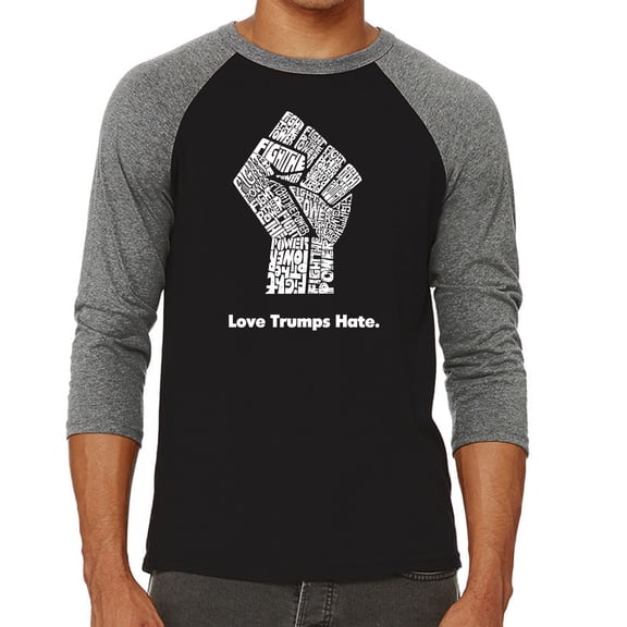 LA Pop Art Men's Raglan Word Art T-Shirt - Love Trumps Hate Fist