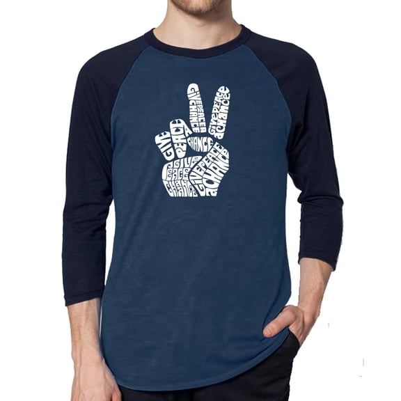 LA Pop Art Men's Raglan Word Art T-Shirt - PEACE FINGERS