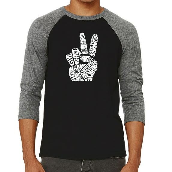 LA Pop Art Men's Raglan Word Art T-Shirt - PEACE FINGERS