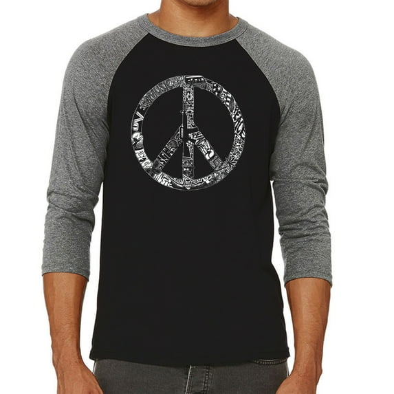 LA Pop Art Men's Raglan Word Art T-Shirt - PEACE, LOVE, & MUSIC