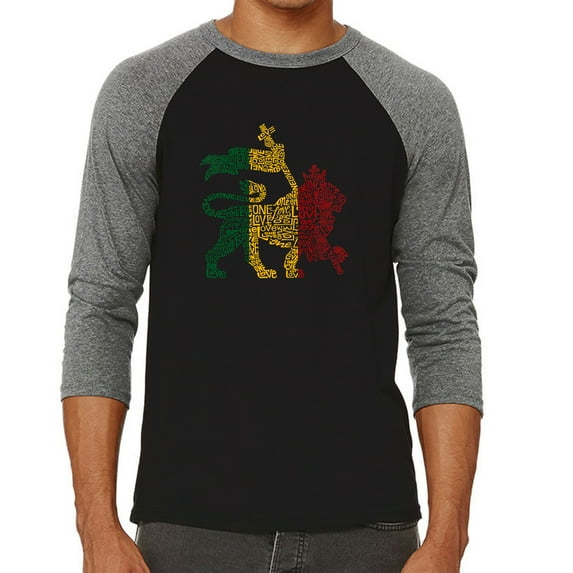 LA Pop Art Men's Raglan Word Art T-Shirt - Rasta Lion - One Love