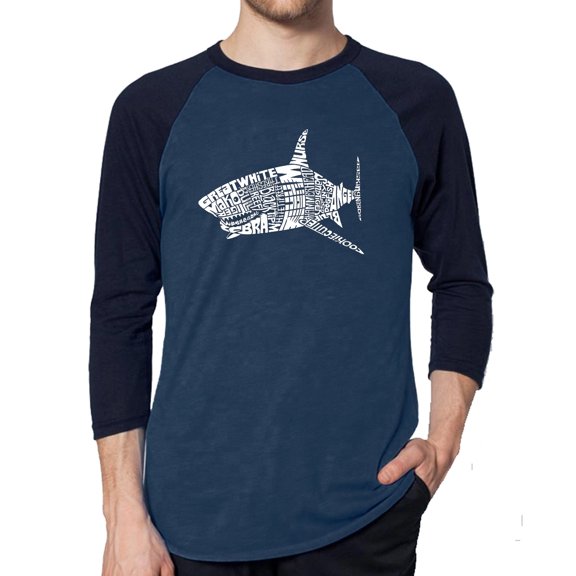 LA Pop Art Men's Raglan Word Art T-Shirt - SPECIES OF SHARK