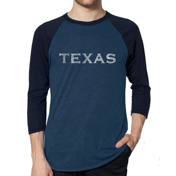 LA Pop Art Men's Raglan Word Art T-Shirt - THE GREAT CITIES OF TEXAS
