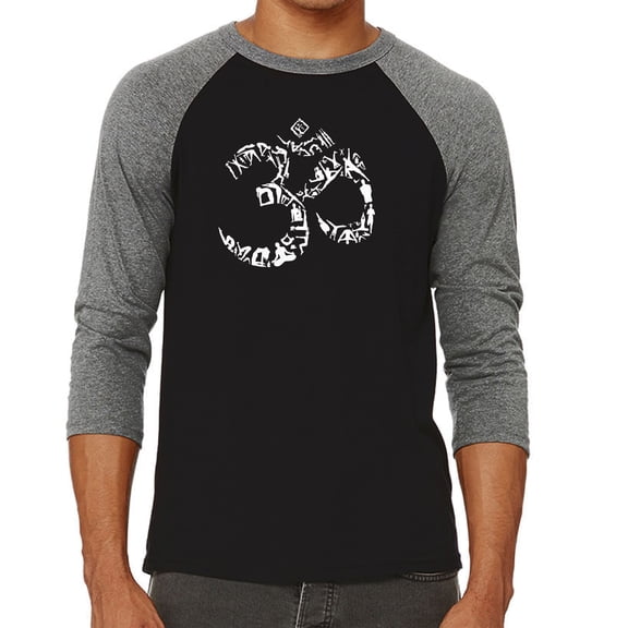 LA Pop Art Men's Raglan Word Art T-Shirt - THE OM SYMBOL OUT OF YOGA POSES
