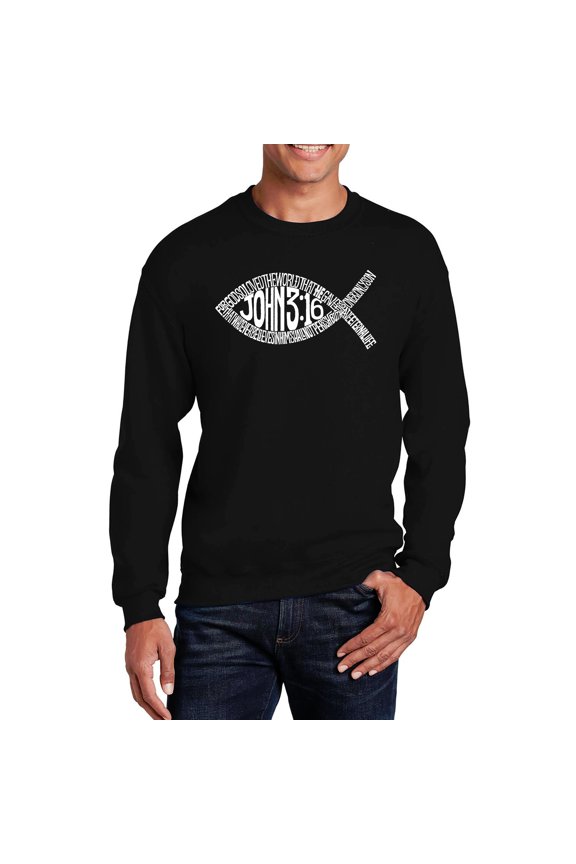 Men's Word Art Crewneck Sweatshirt - John 3:16 Fish Symbol
